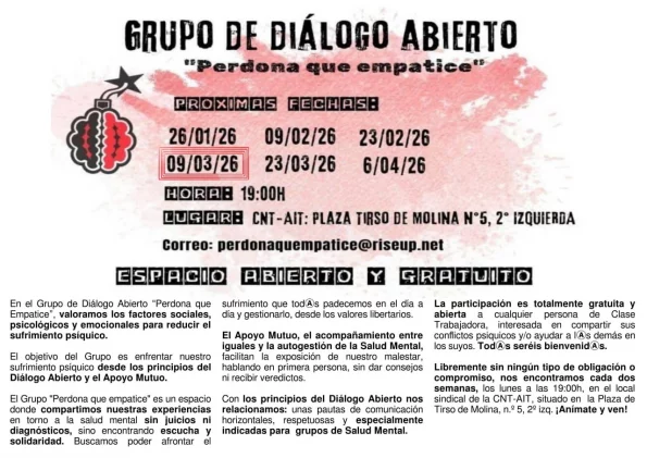 Grupo de diálogo abierto 'Perdona que empatice' 09/03/2026 Espacio libre y gratuíto