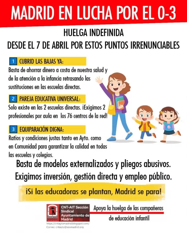 Manifestación por la huelga educadoras infantiles Madrid 2026 en defensa del ciclo 0-3 y ratios dignas