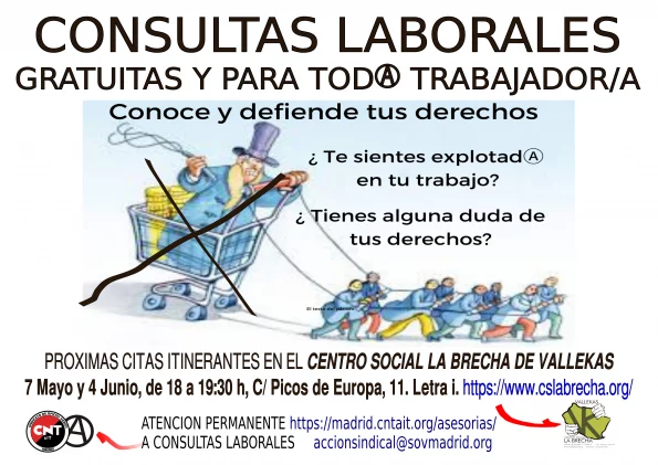 Asesoría laboral gratuita en el horario de apertura de CNT-AIT Madrid.