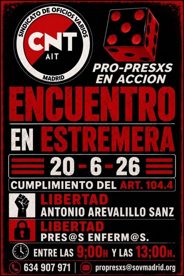 Cartel del Encuentro en Estremera del 20 de Junio Desatención sanitaria en la cárcel Estremera 20-06-2026
