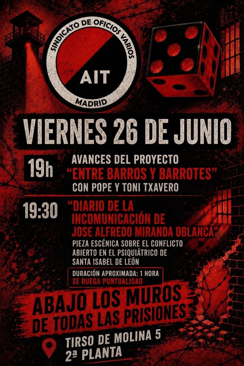 Cartel de la Jornada Abajo los muros de todas las prisiones | 26 de junio 2026 en Tirso de molina 5 (Madrid)